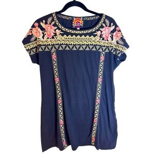 Johnny‎ Was Short Sleeve Navy Tunic Shirt Embrodiered Dress, Small